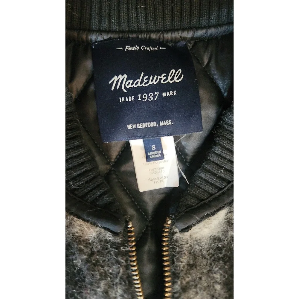 Madewell Plaid Wool Blend Bomber Vest Gray‎ Black Zip Front Quilted Lined Size S
